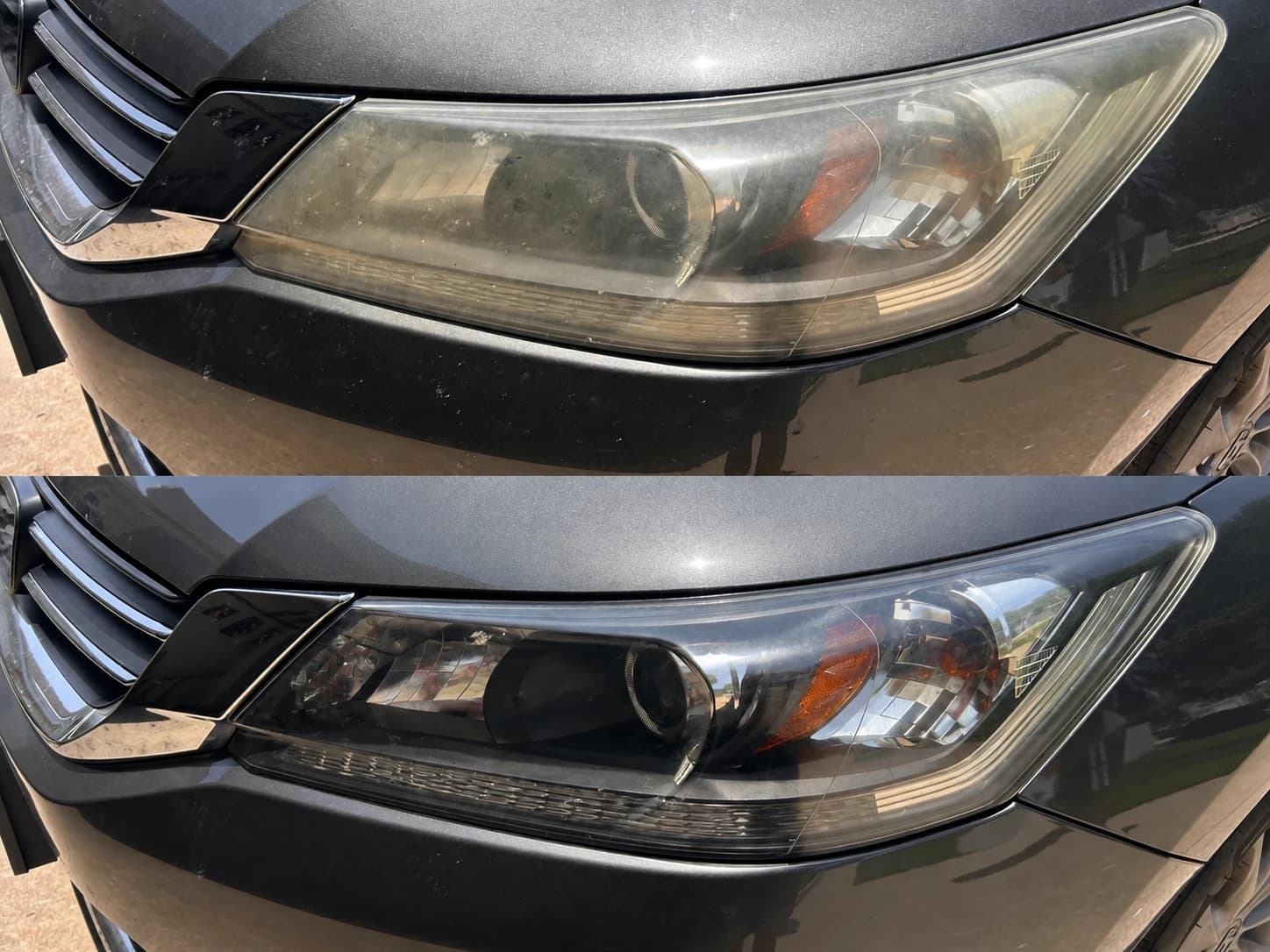 Before and after headlight restoration on a black sedan