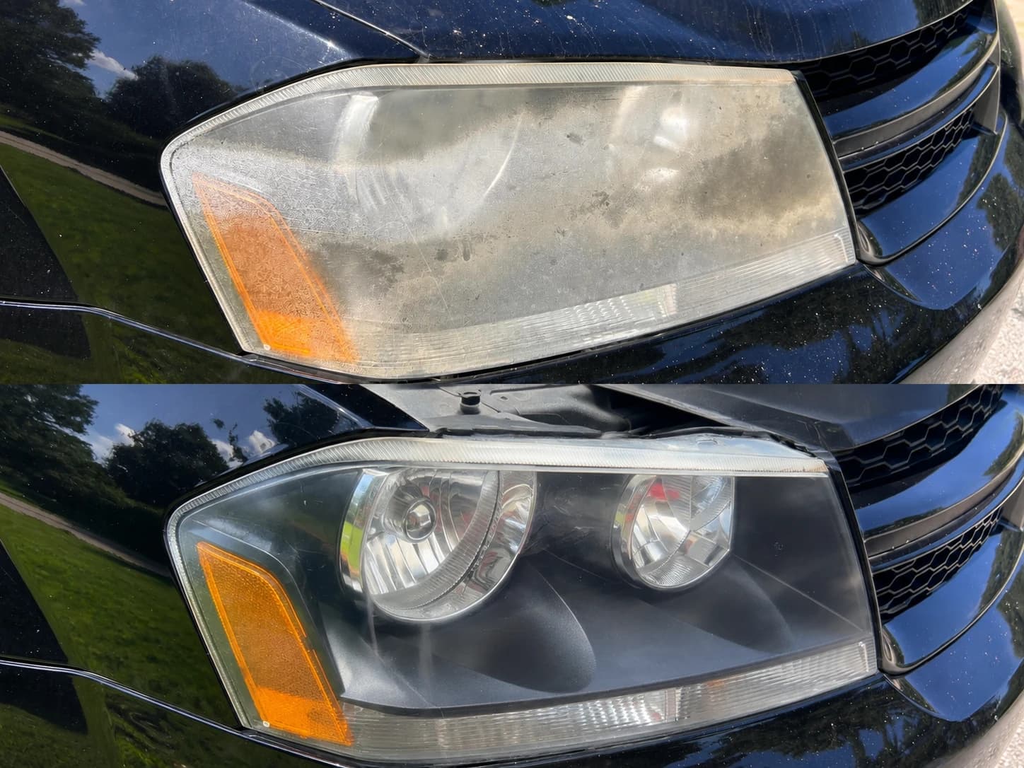 Before and after restoration of a heavily oxidized headlight