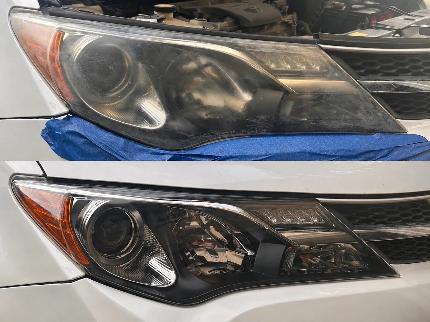 Before and after headlight restoration on a white SUV