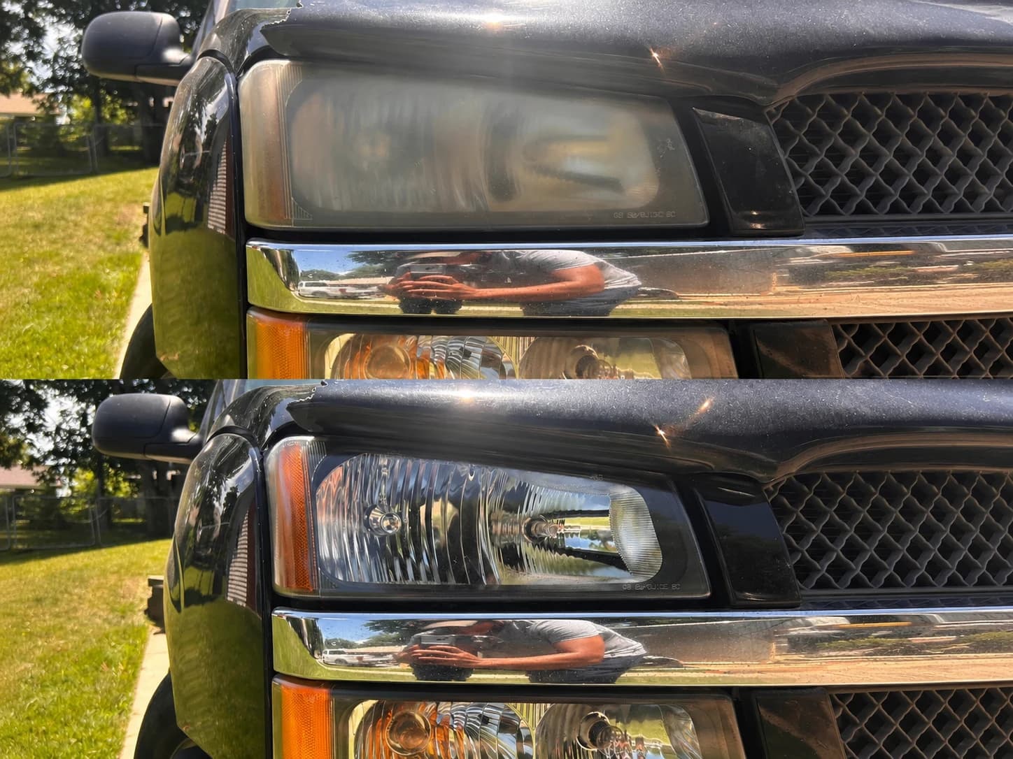 Before and after headlight restoration on a black truck